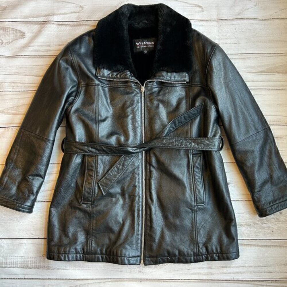 Wilsons Vintage 100% Leather Faux Fur Belted Long Coat Size L